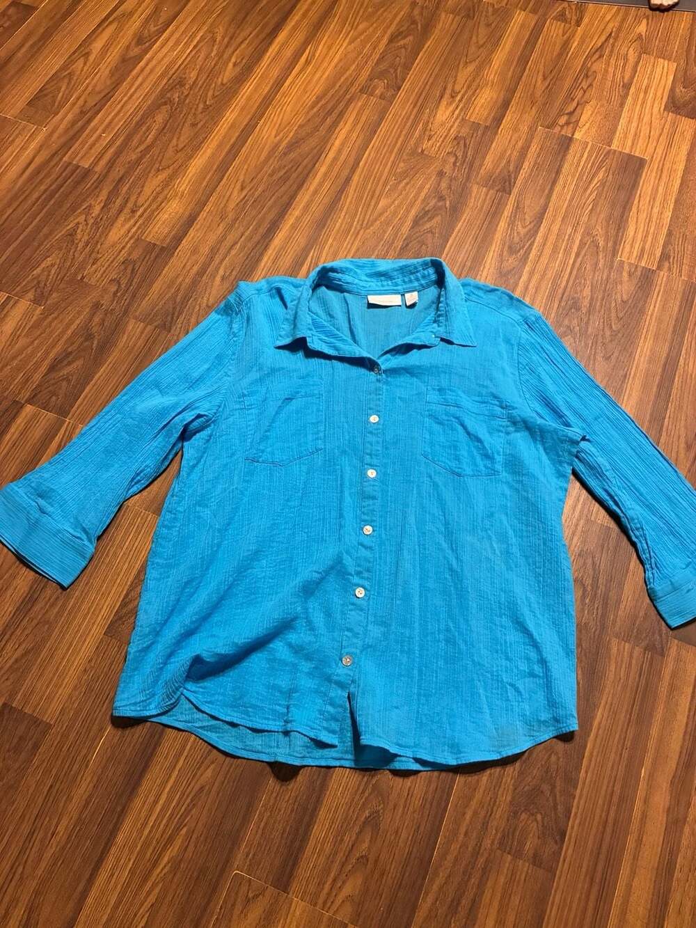 Chico's Vibrant Blue 100% Cotton Gauze 3/4 Sleeve Button Down Shirt